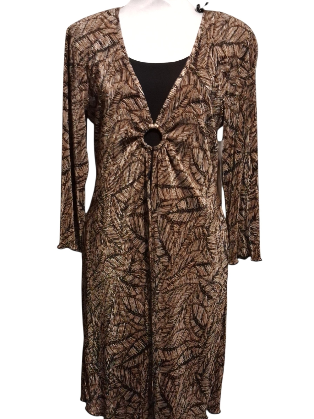 Connected Apparel Faux Layer Brown Leaf-Print Ring-Front 3/4 Sleeve
